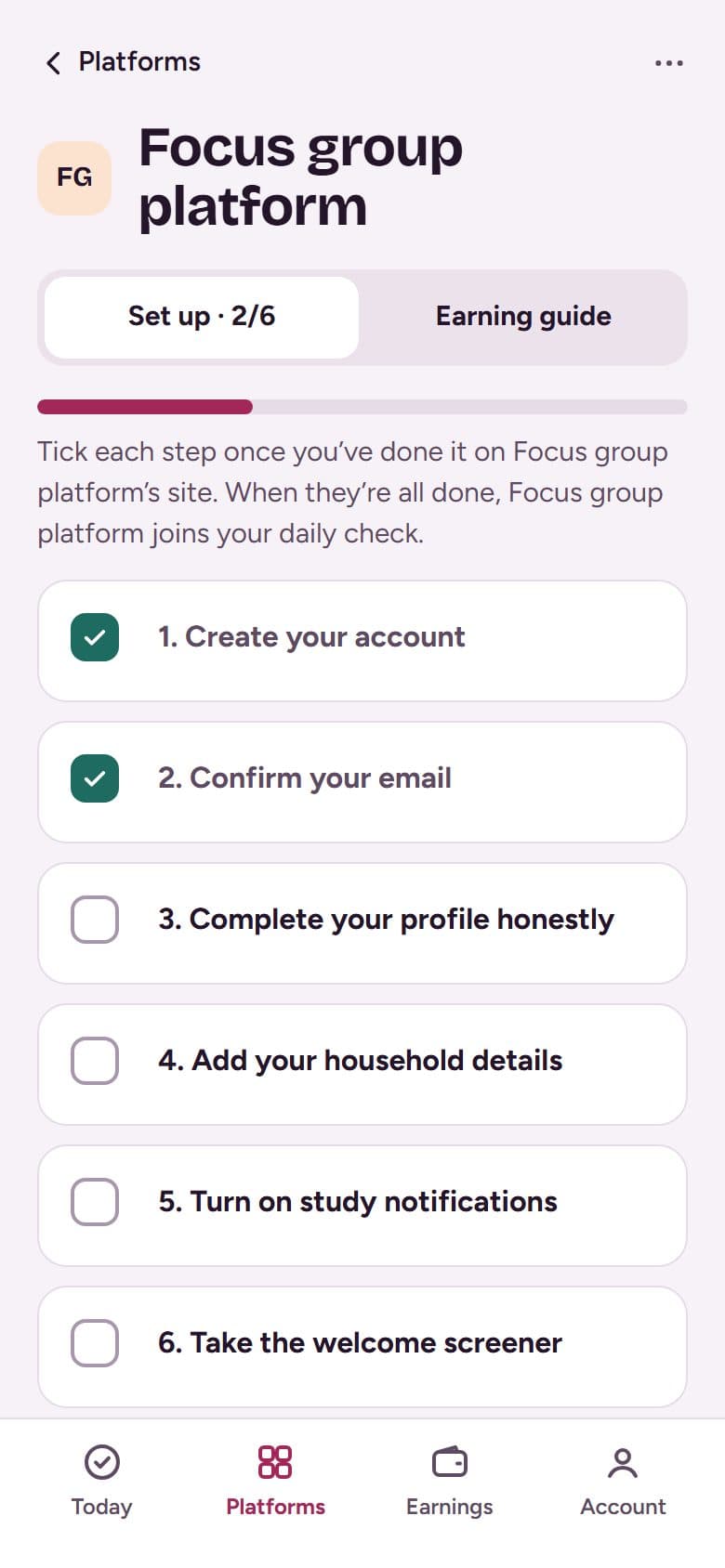 A site’s Set up tab: a numbered checklist with two steps ticked.